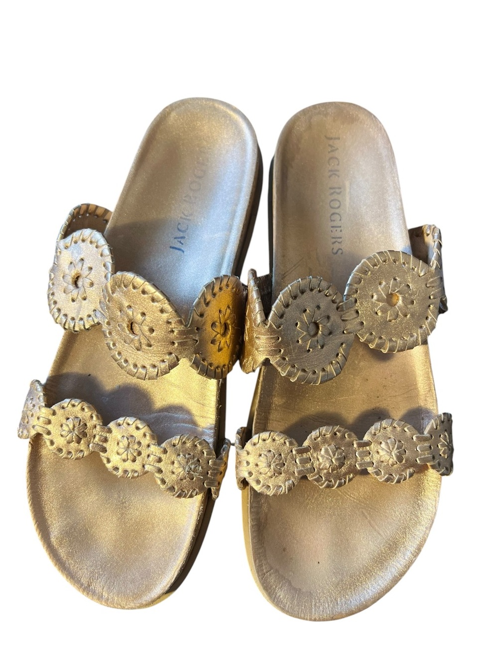 Jack Rogers 10 Rose Gold Leather Double Strap Slide Sandals Whipstitch Medallion - Picture 3 of 5